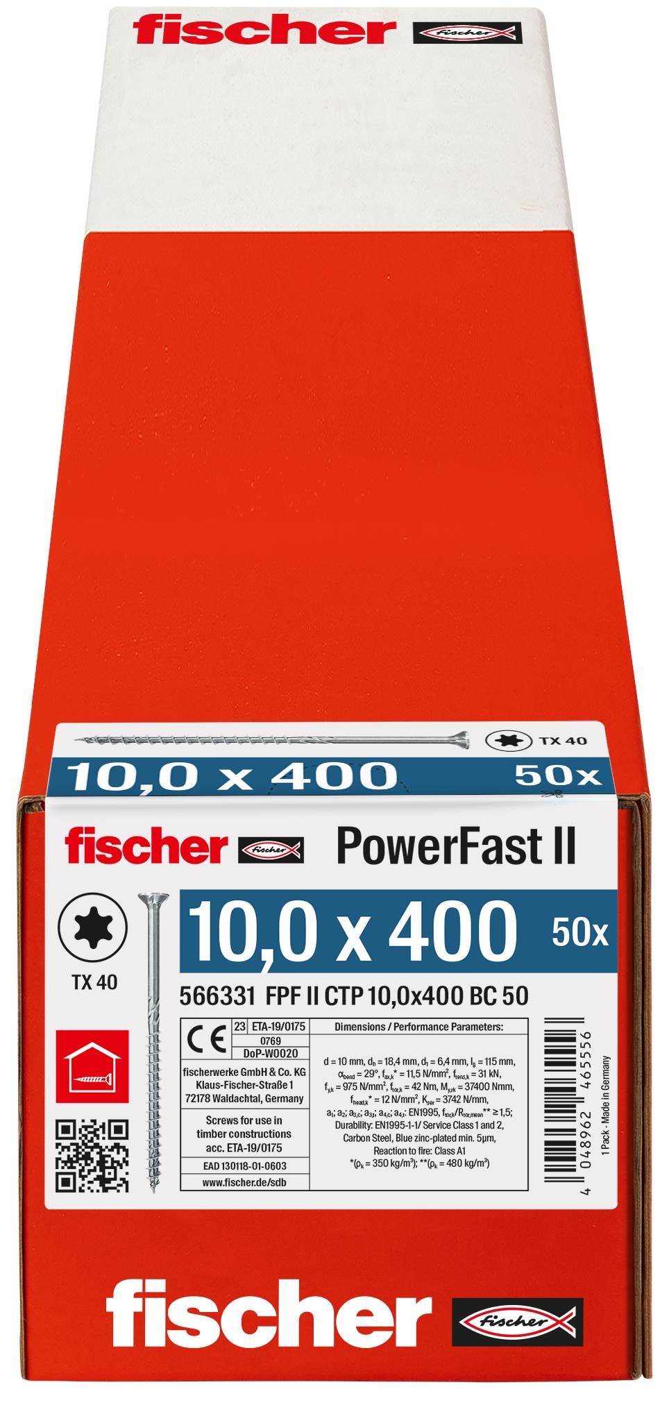 Balenie skrutiek fischer PowerFast II s označením „10,0 x 400" a „50x" zobrazené na červeno-bielej krabici.