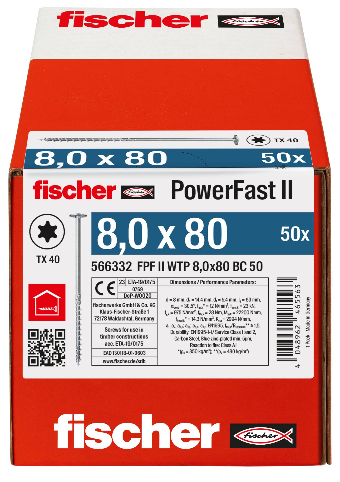 Červená krabička upevňovacích prvkov Fischer PowerFast II označená 8,0 x 80, TX 40, 50x, s detailami produktu a čiarovým kódom na prednej strane.