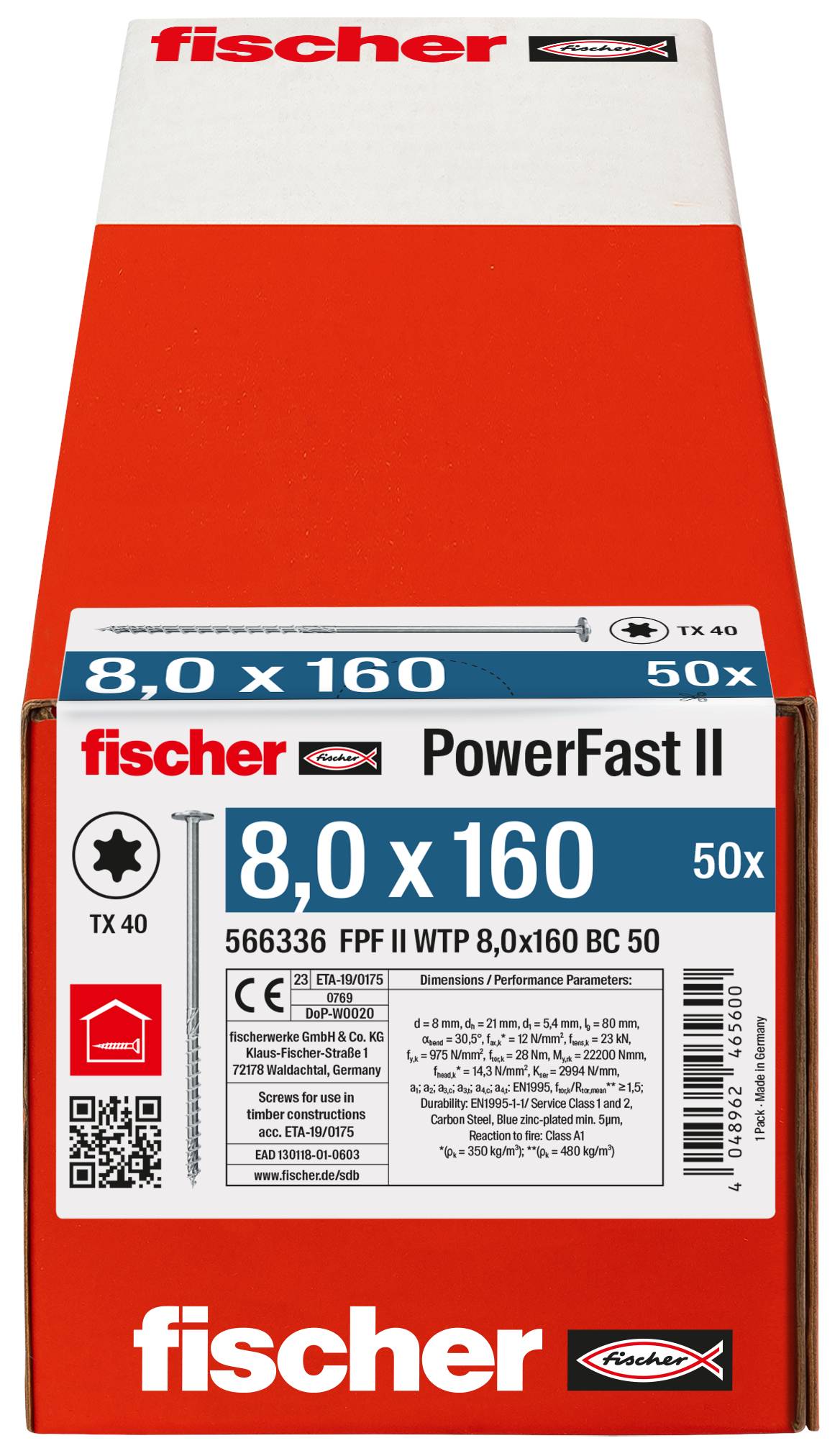 Balenie skrutiek Fischer PowerFast II, veľkosť 8,0 x 160, 50 kusov, s pohonom TX 40 zobrazeným na krabici.
