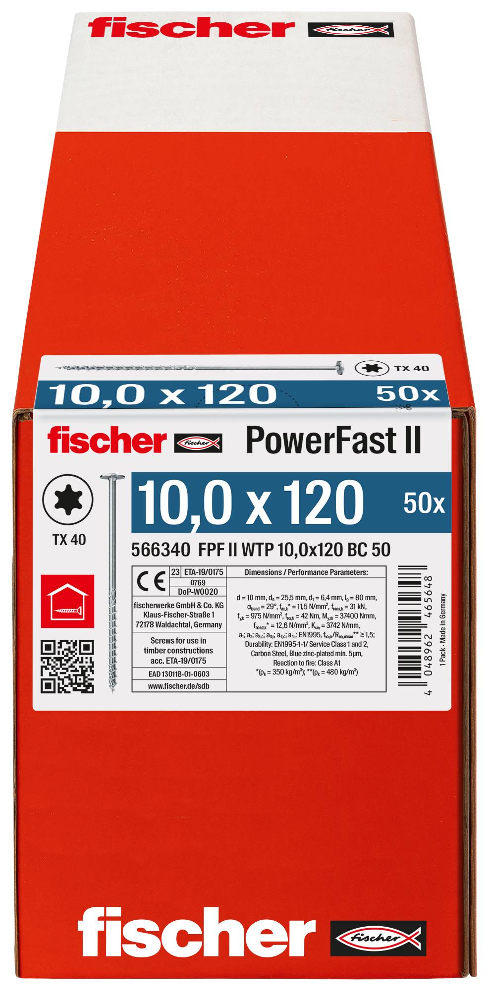 Baliacka krabica pre skrutky Fischer PowerFast II, označená "10,0 x 120" a "50x", s podrobnosťami produktu a čiarovým kódom na prednej strane.