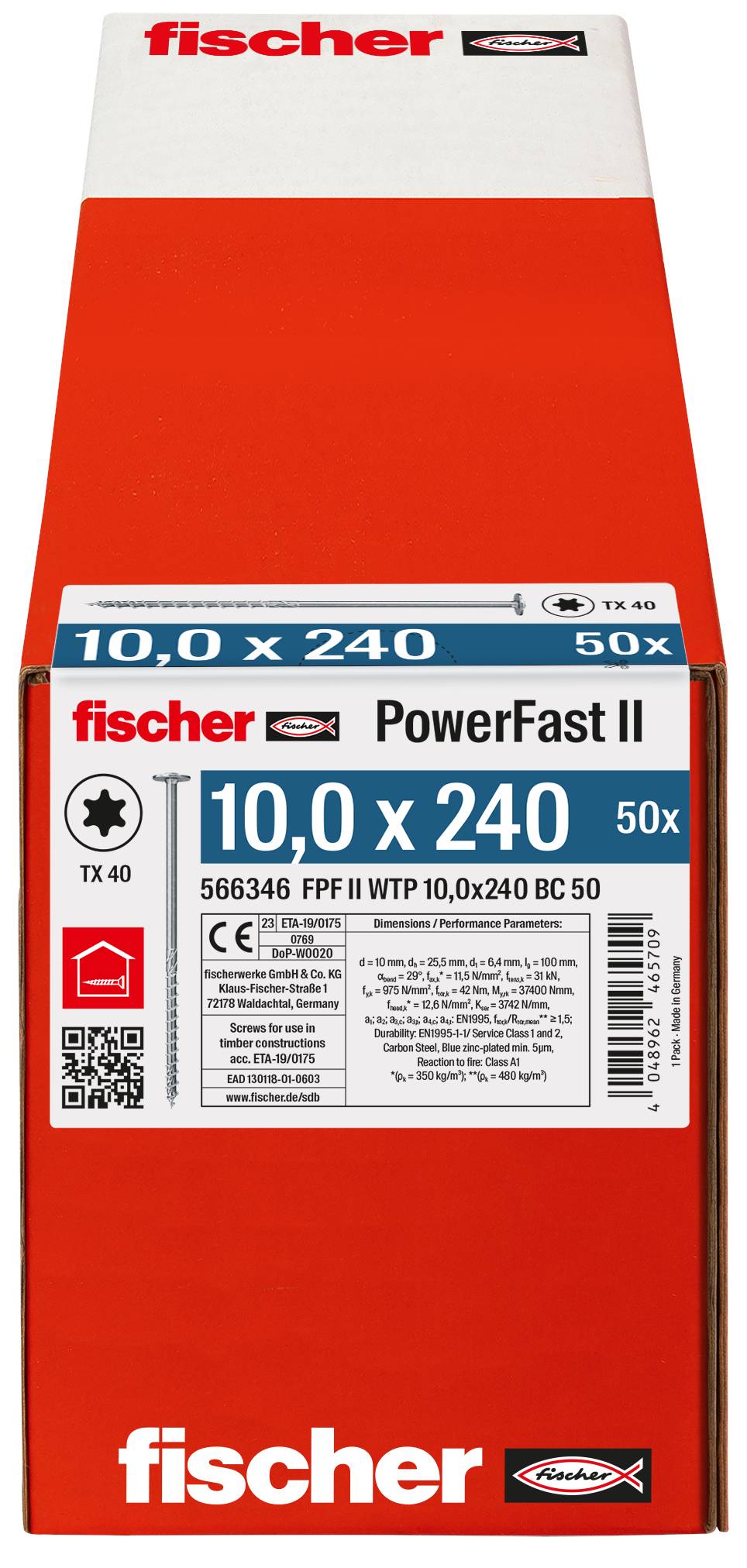 Balenie skrutiek Fischer PowerFast II označené „10,0 x 240" a „50x", s informáciami o produkte a bezpečnosti na prednej strane.