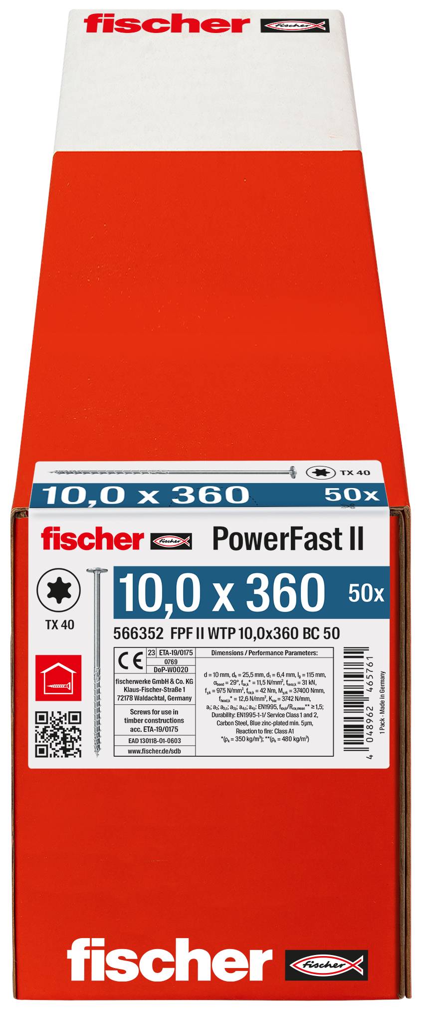 Krabička skrutiek Fischer PowerFast II označená „10,0 x 360" a „50x", zobrazená v červeno-bielom balení.