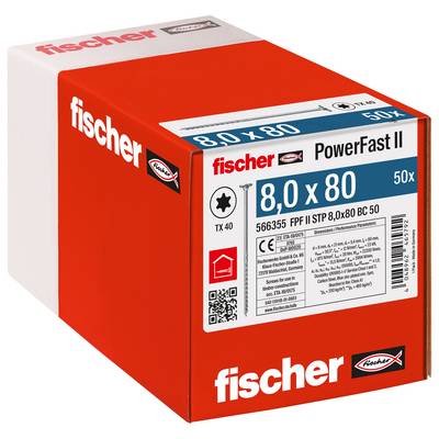 Červená krabica skrutiek Fischer PowerFast II označená '8,0 x 80' a '50x' s podrobnosťami produktu na prednej strane.