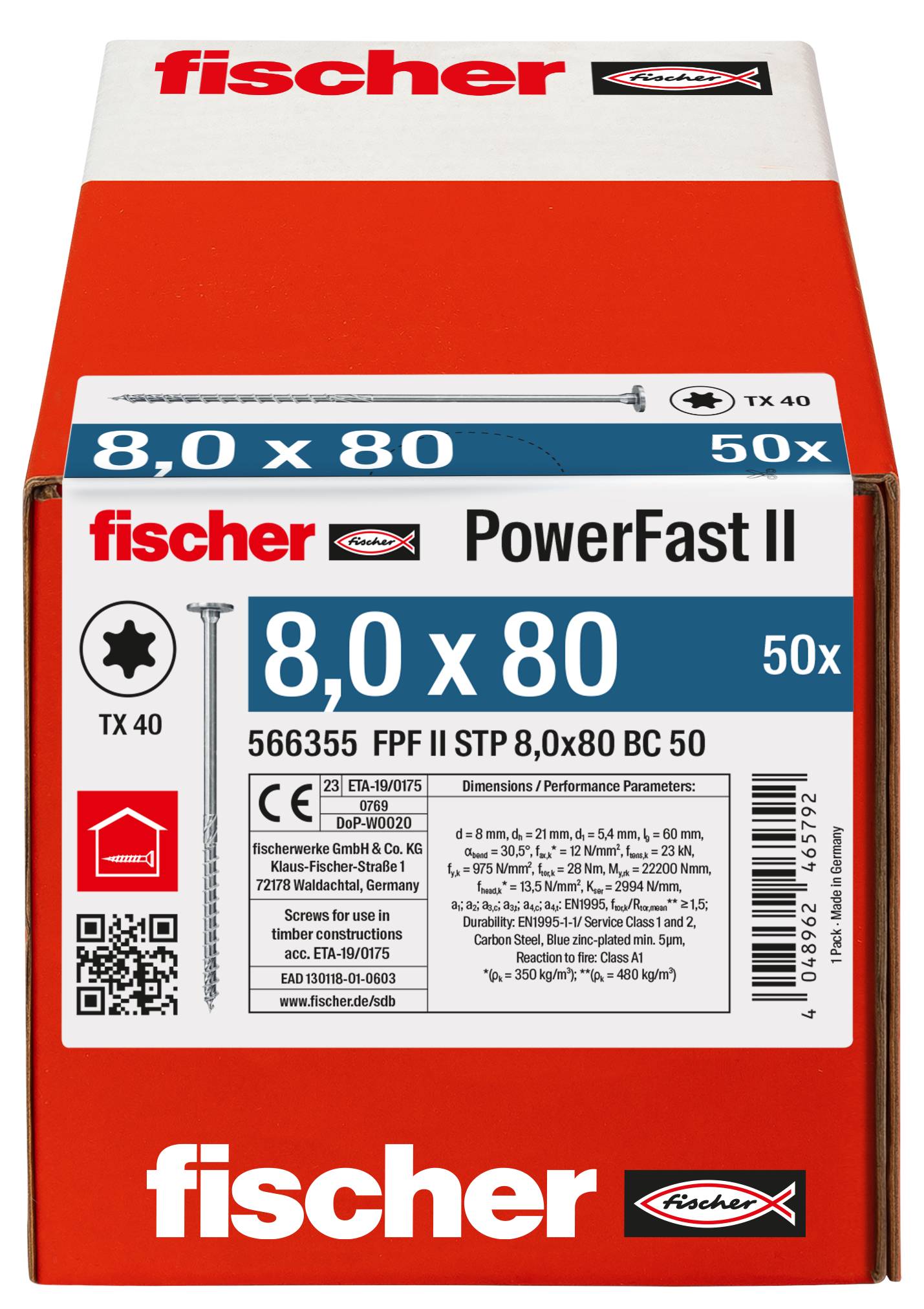 Červená krabička skrutiek Fischer PowerFast II označená 8,0 x 80, 50x, s informáciami o produkte a bezpečnosti na prednej strane.