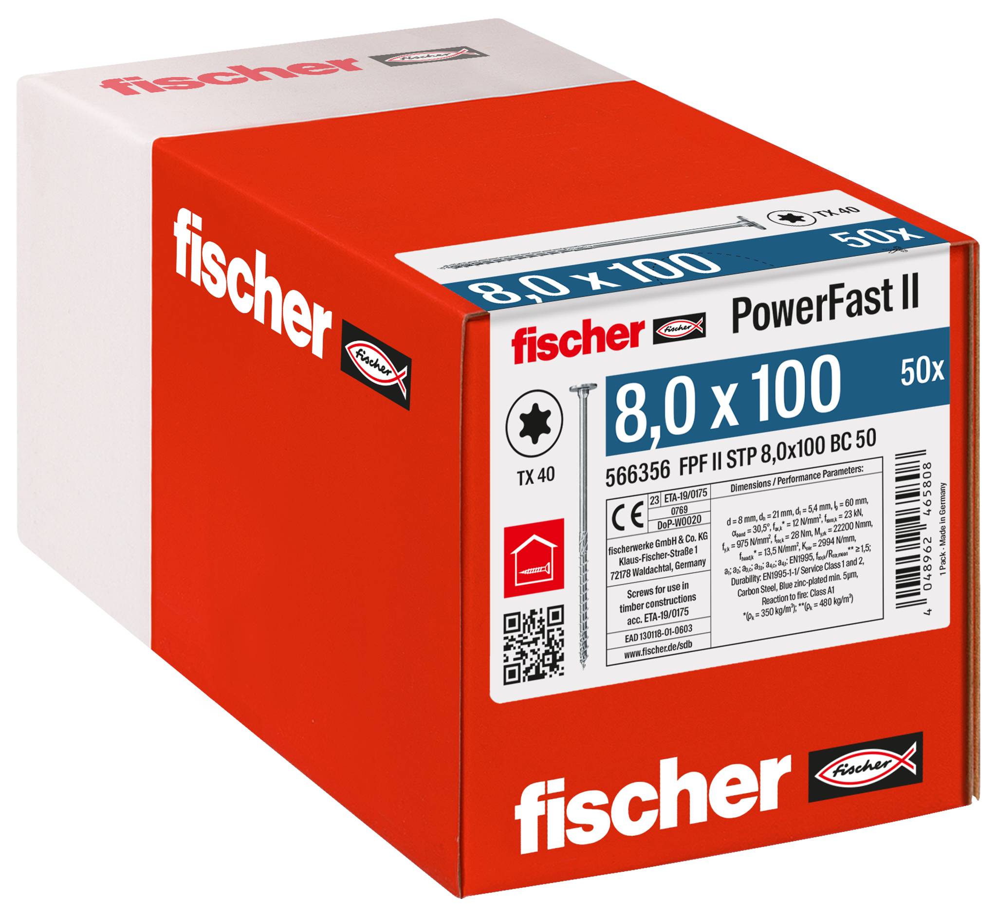 Fischer 566356 PowerFast II Verzonken houtschroef 8 mm 100 mm Interne vertanding Staal Galvanisch verzinkt 50 stuk(s) afbeelding