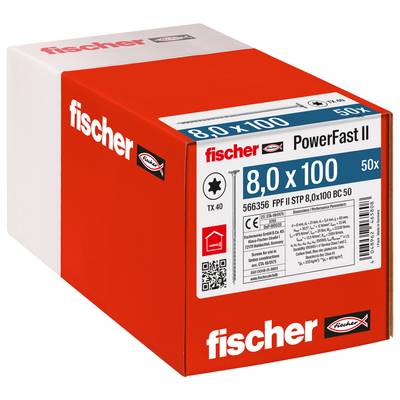 Červená krabica Fischer PowerFast II 8.0 x 100 upevňovacích prvkov, označená 50x, zobrazená na bielom pozadí.