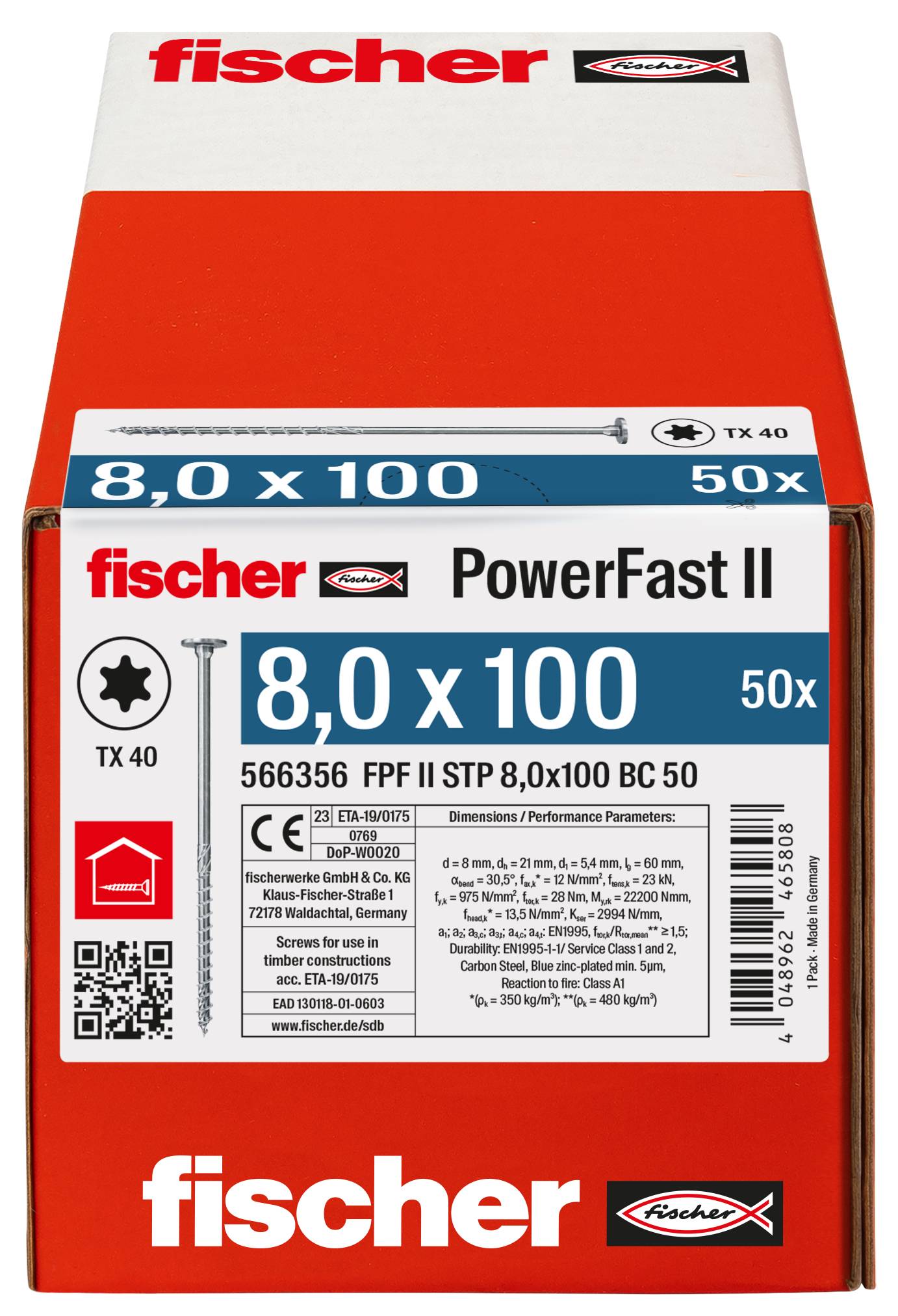 Red Fischer PowerFast II krabička skrutiek označená '8.0 x 100', TX 40, 50x, s logami produktu a značky.