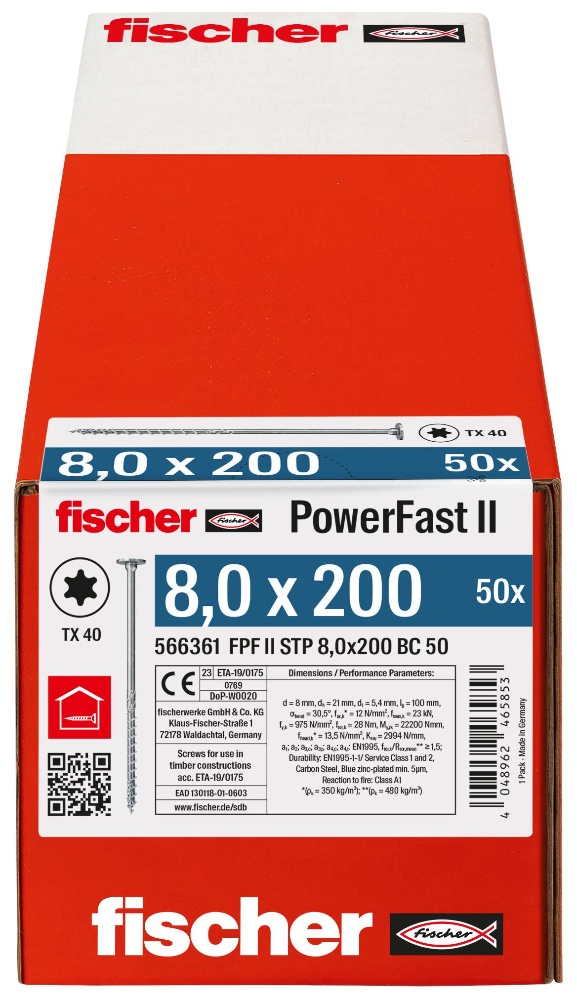 Krabica skrutiek fischer PowerFast II, označená 8,0 x 200, TX 40, 50 kusov, s podrobnosťami o produkte a certifikácii na prednej strane.