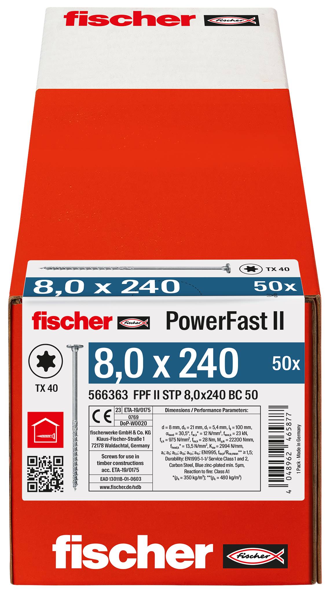 Balenie skrutiek Fischer PowerFast II, značené 8,0 x 240, TX40, 50 kusov