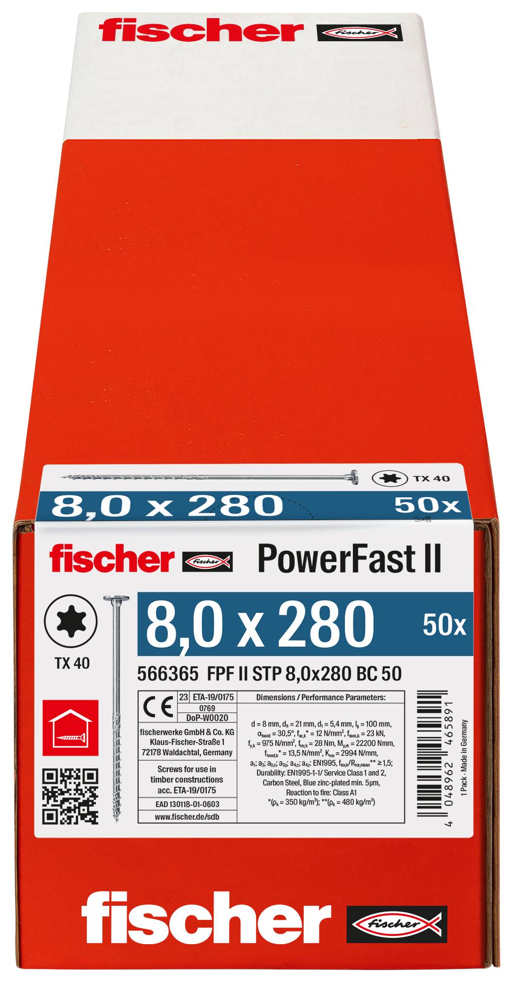 Balenie skrutiek Fischer PowerFast II, označené '8,0 x 280' a '50x', s detailmi produktu a čiarovým kódom na prednej strane.