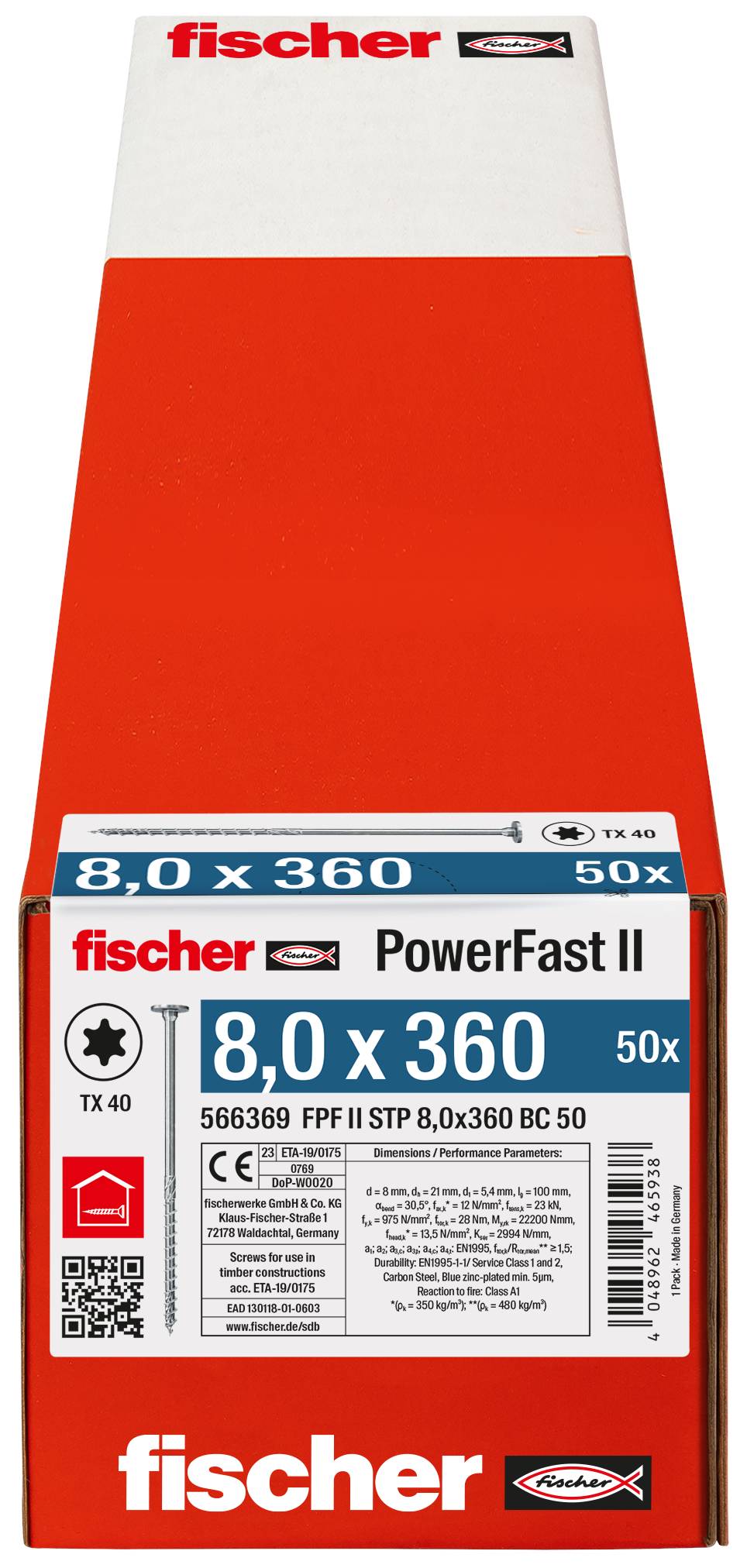 Balenie skrutiek fischer PowerFast II s označením '8.0 x 360', 50 ks, TX 40, červeno-biela krabica.