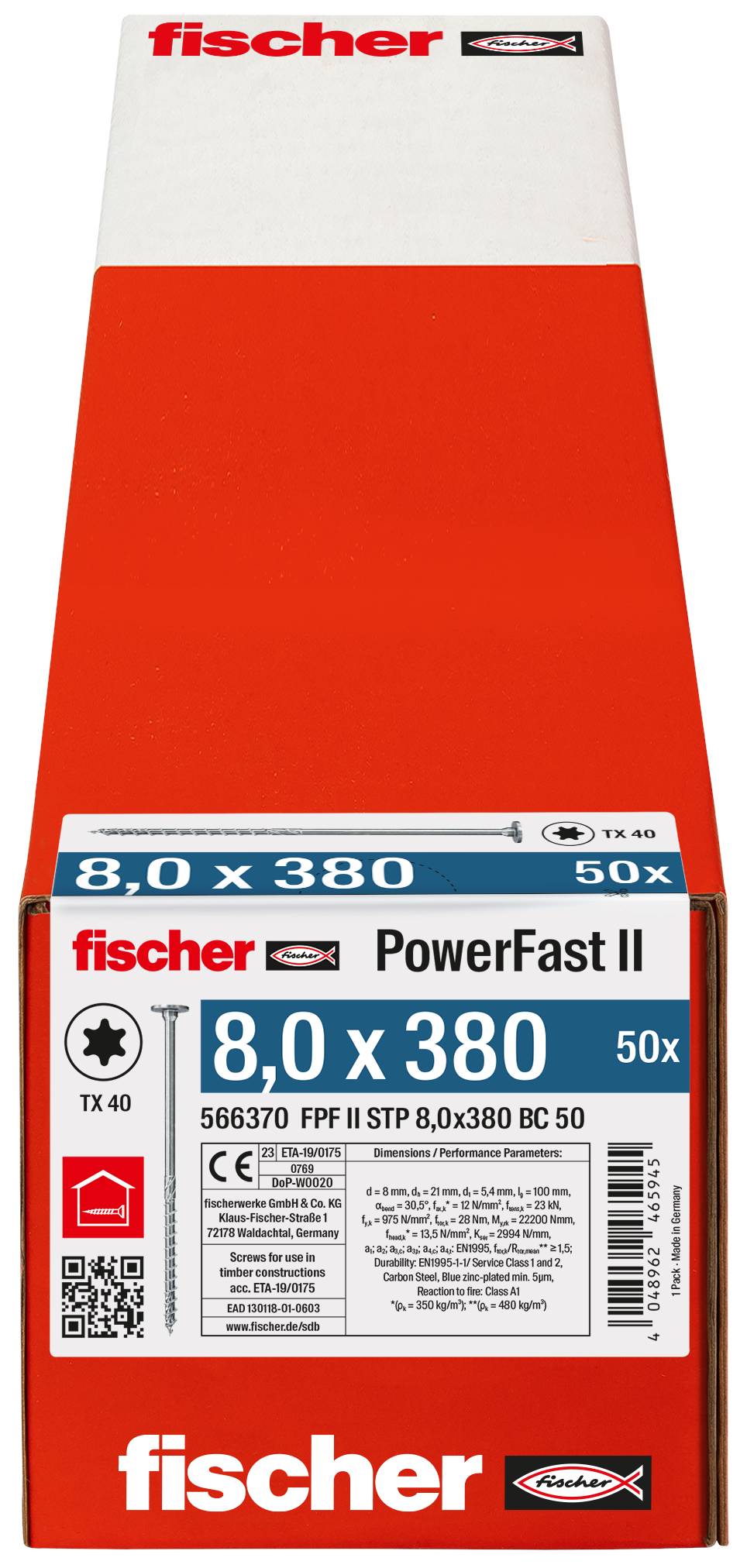Obrázok krabice Fischer PowerFast II na skrutky, označený „8,0 x 380", „50x" a „TX 40", v červeno-bielom balení.