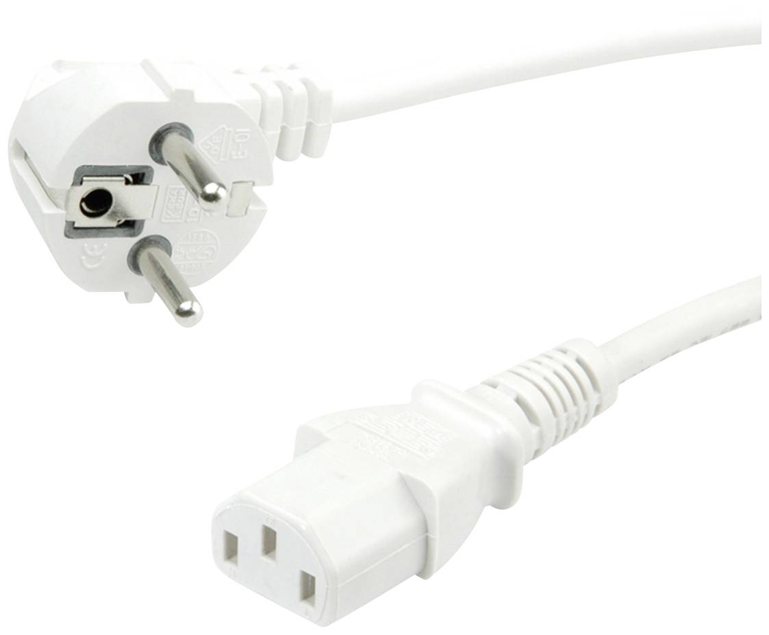 Biele napájací kábel s dvojpólovým EÚ zástrčkou a IEC konektorom, vhodný pre napájanie elektrických zariadení.