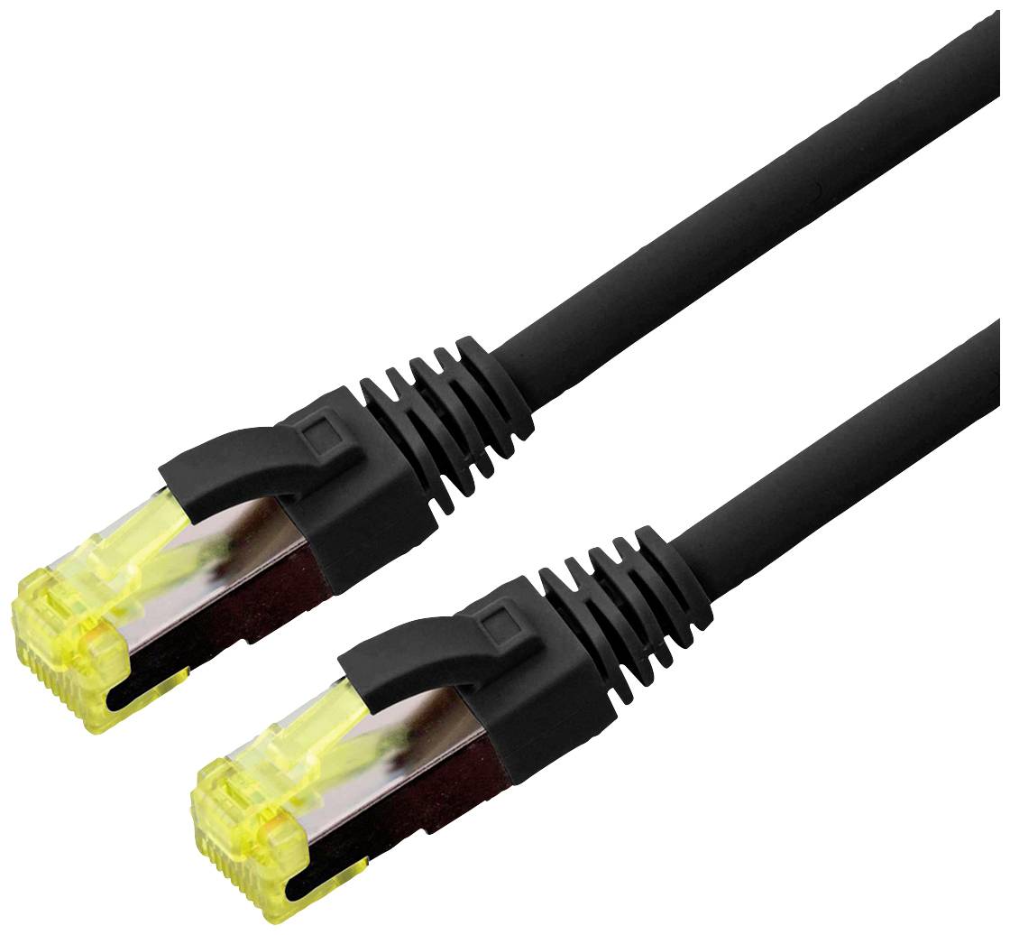 Dva čierne ethernetové káble so žltými konektormi ležia vedľa seba. Slúžia na sieťové prepojenie zariadení.