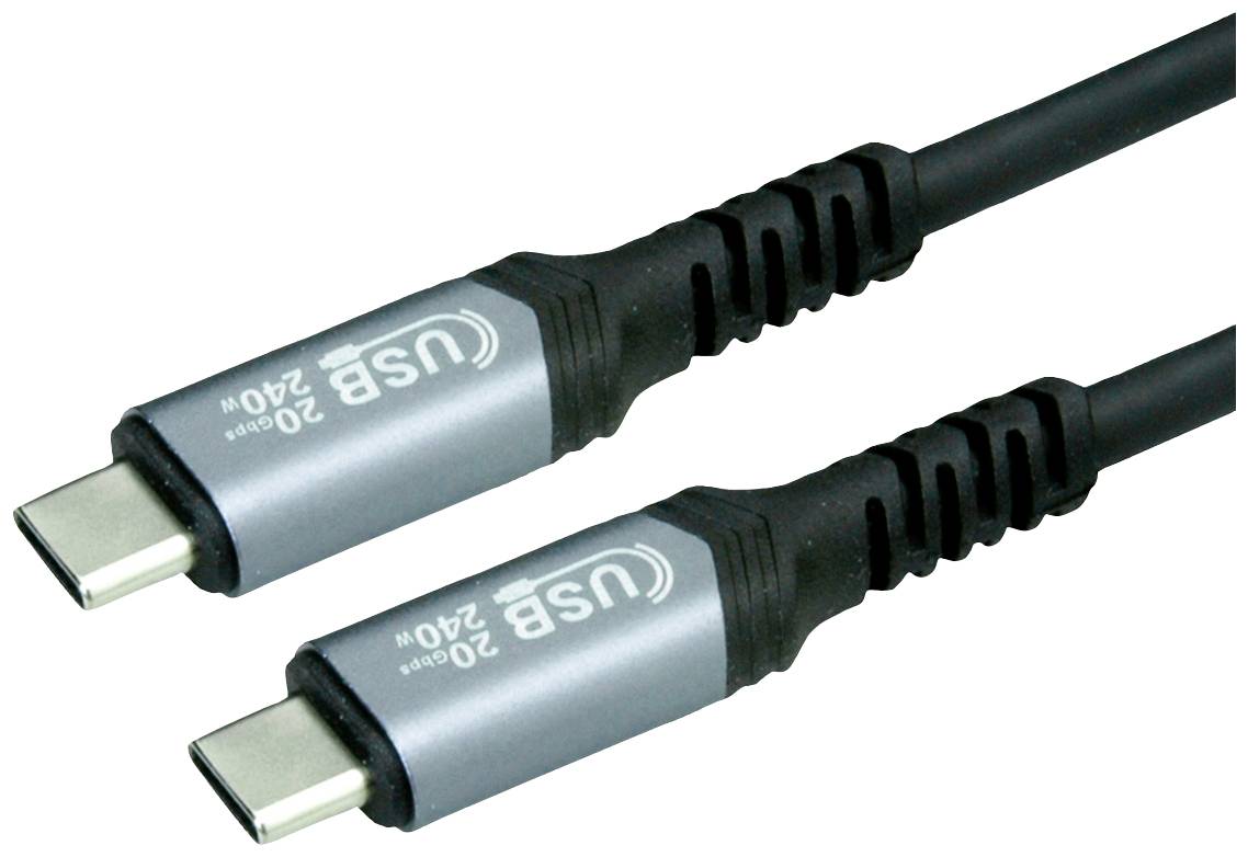 Dva USB-C káble so striebornými konektormi a čiernym plášťom, označené ako 'USB 20Gb 240W'. Vhodné pre rýchly prenos dát a vysoký výkon.
