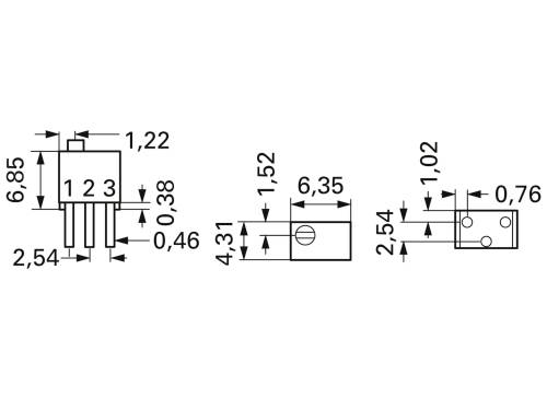 Technický výkres elektronickej súčiastky s rozmermi. Zobrazuje predný, bočný a horný pohľad s kótovaním v milimetroch.