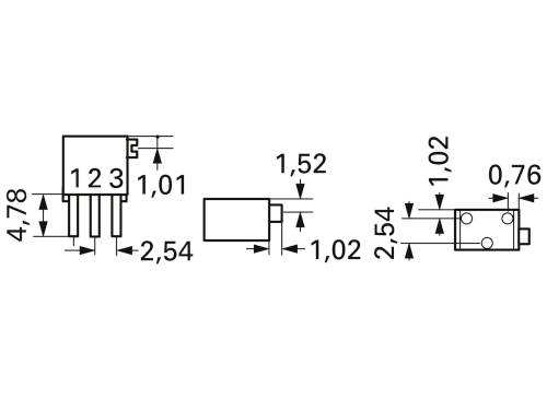 Diagram znázorňuje rozmery elektronickej súčiastky s kolíkmi. Vľavo: výška 4,78 mm. Stred: šírka 1,52 mm. Vpravo: hrúbka 1,02 mm.