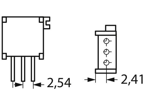 Technický výkres elektronickej súčiastky s tromi vývodmi. Rozstup rozmerov: Vývody 2,54 mm, šírka 2,41 mm.