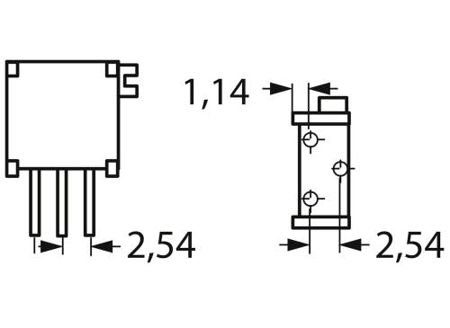 Diagram elektronického komponentu s rozmermi: šírka 2,54 mm, výška 1,14 mm. Zobrazuje piny a kontakty obvodu.