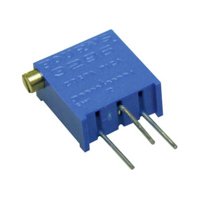 Modrý trimrovací potenciometer s tromi kovovými pripojeniami, vhodný pre elektronické projekty na úpravu odporov.