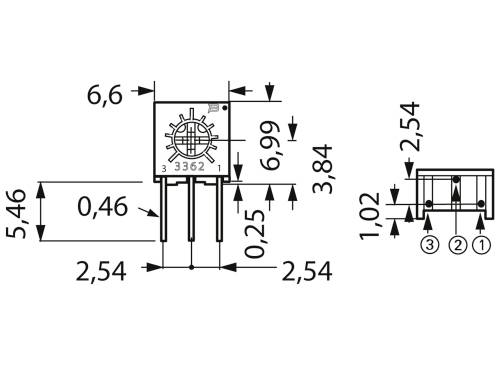 'Ilustrácia elektrických komponentov s rozmermi v milimetroch.'