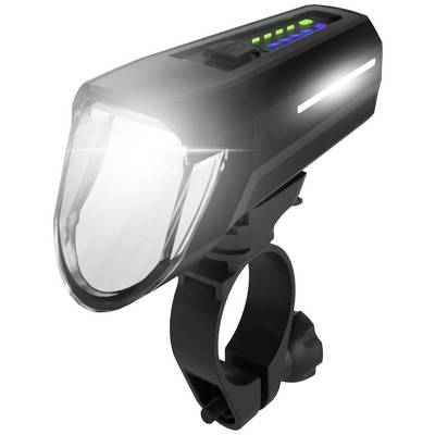 Čierne, výkonné bicyklové svetlo s piatimi modrými a dvomi zelenými LED indikátormi na vrchu, upevnené na držiaku.