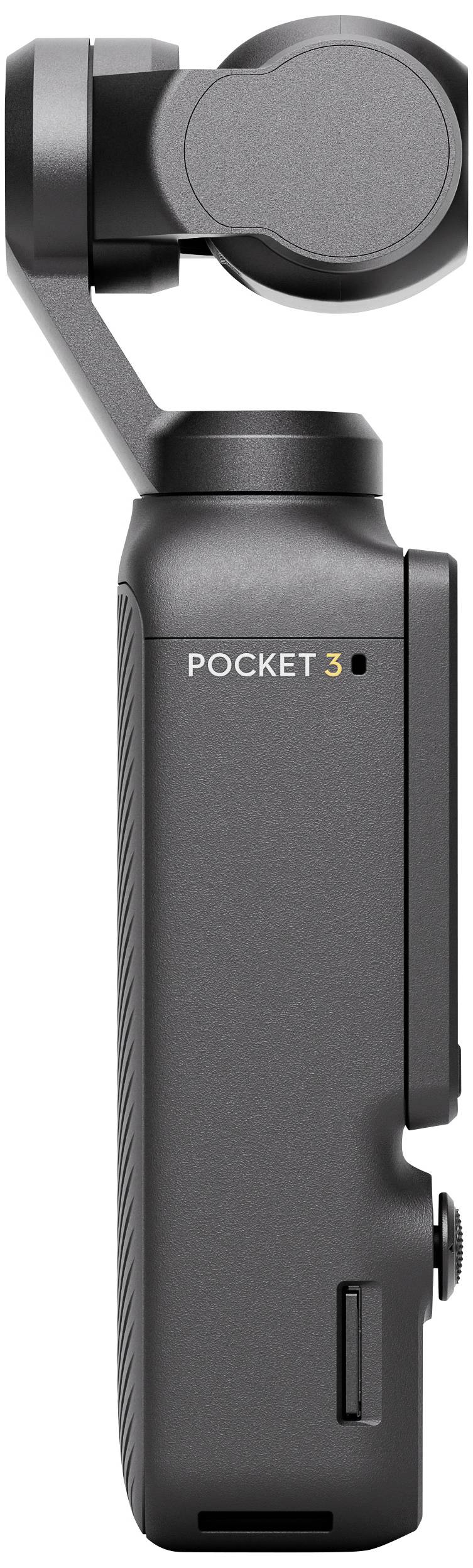 Kompaktná, čierna ručná kamera s pohyblivou hlavou. Na boku je napísané 'Pocket 3'. Vhodná pre mobilné natáčanie.