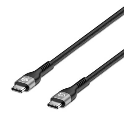 USB-C kábel s dvomi konektormi, ktoré majú každý čierny plastový obal a strieborné konce.