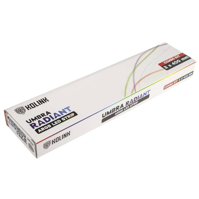 Balenie Kolink Umbra Radiant ARGB LED pásikov s 2 pásikmi po 400 mm. Obsahuje farebné svetelné vlny a technické informácie.