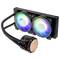 Chladiaci systém s dvoma RGB podsvietenými ventilátormi, prepojený medenou chladiacou doskou, používaný pre počítačové procesory.