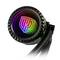 Guľatá, čierna počítačová komponenta s RGB podsvietením a pruhovaným logom v strede. Niekoľko pripojených káblov je viditeľných.
