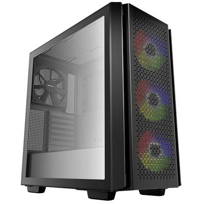 Čierna počítačová skrinka s priehľadným bočným oknom odhaľuje farebné RGB ventilátory na prednej strane.