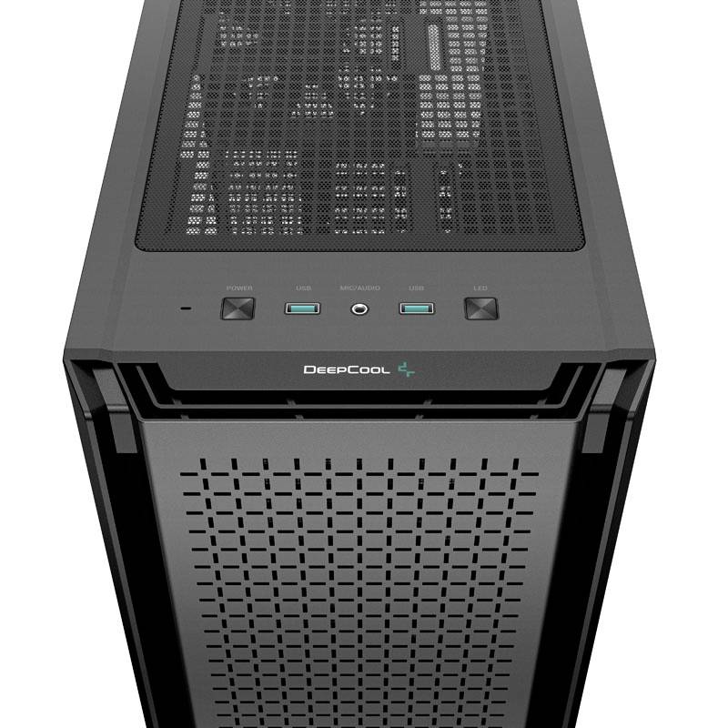 PC skrinka pohľadená zhora, čierna so vzduchovým krytom. Viditeľný firemný názov 'DeepCool'. Dva USB porty a ovládacie prvky na hornej strane.