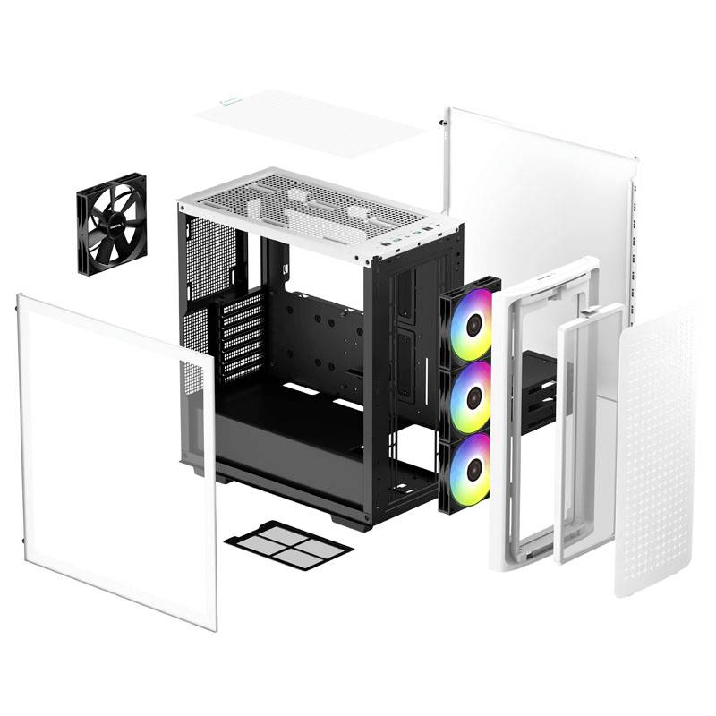 Počítačová skrinka v jednotlivých častiach: rám, ventilátory, bočné steny a predný panel, miestami s RGB podsvietením. Vľavo je ventilátor.