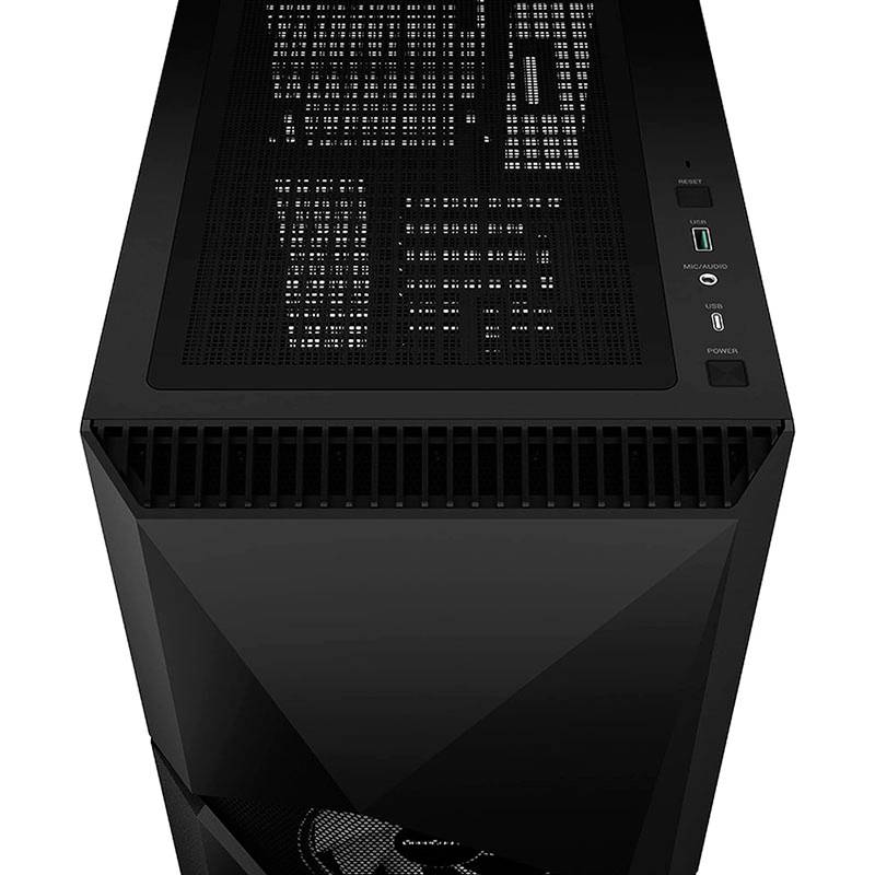 Čierna počítačová skrinka s vetracou mriežkou na vrchu, USB portami a vypínačom na prednej strane.