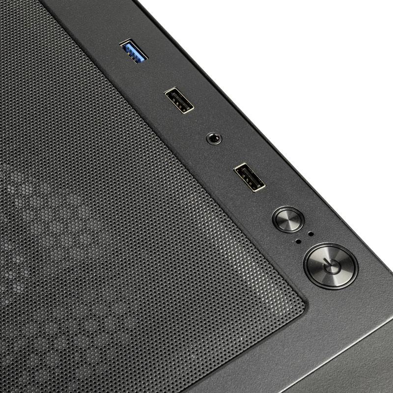 Horná strana počítačovej skrine s USB portami, vstupom pre slúchadlá a hlavným vypínačom, v modernom dizajne.