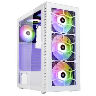 Počítačová veža v bielej farbe s priesvitným bočným oknom, osvetlená farebnými RGB ventilátormi. Moderné vybavenie a nápadný dizajn.