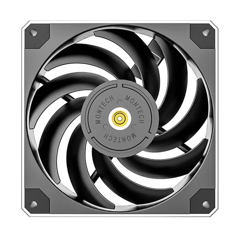Čierny počítačový ventilátor so šiestimi krídlami, viditeľný zhora. V strede je viditeľné logo značky 'Montech'.