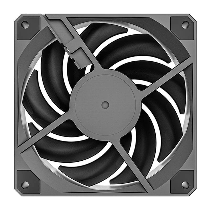 Počítačový ventilátor v štvorcovom kryte, s čiernymi lopatkami a šedým okrajom, slúži na chladenie elektronických komponentov.
