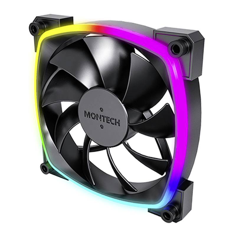 Počítačový ventilátor s čiernym krytom a viacfarebným RGB podsvietením; nápis 'MONTECH' v strede ventilátora.