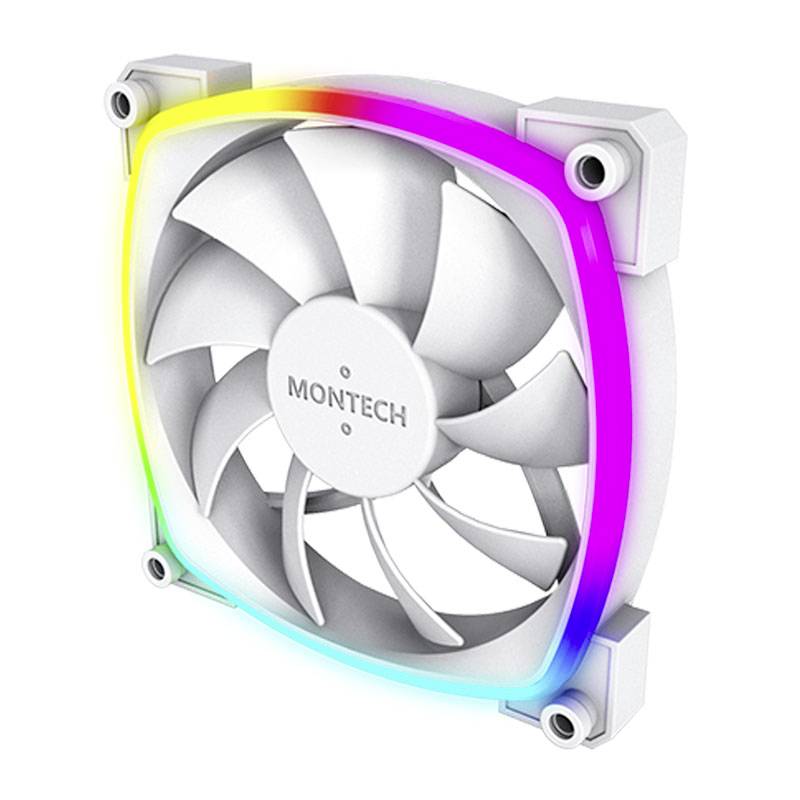 Počítačový ventilátor v bielom kryte s farebným LED svetelným pruhom pozdĺž rámu. Označenie v strede s nápisom 'MONTECH'.