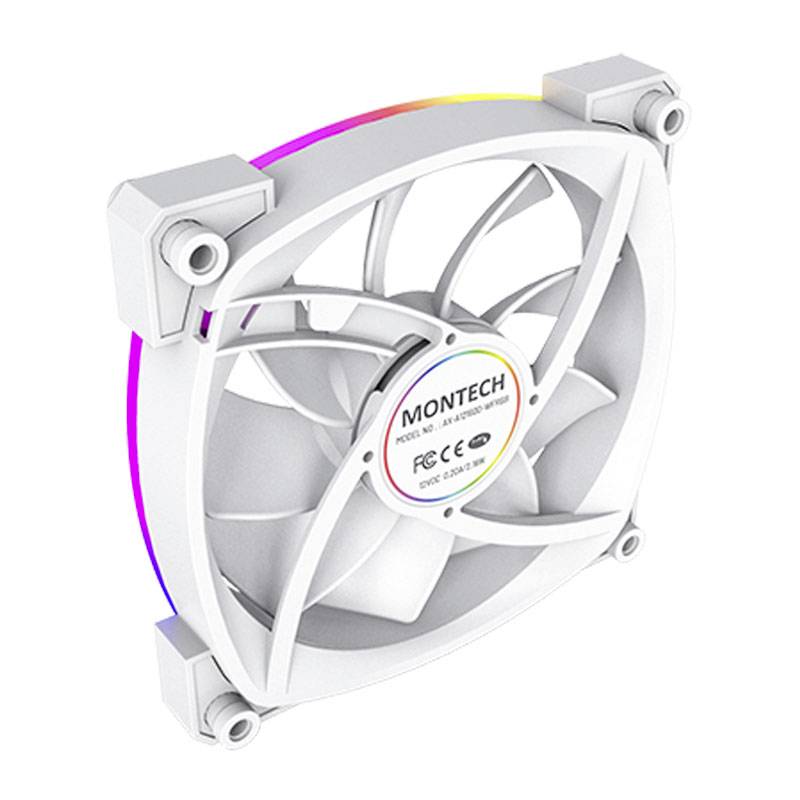 Biely počítačový ventilátor značky Montech s podsvietenými okrajmi. Pohľad zhora ukazuje lopatky ventilátora a upevňovacie prvky.