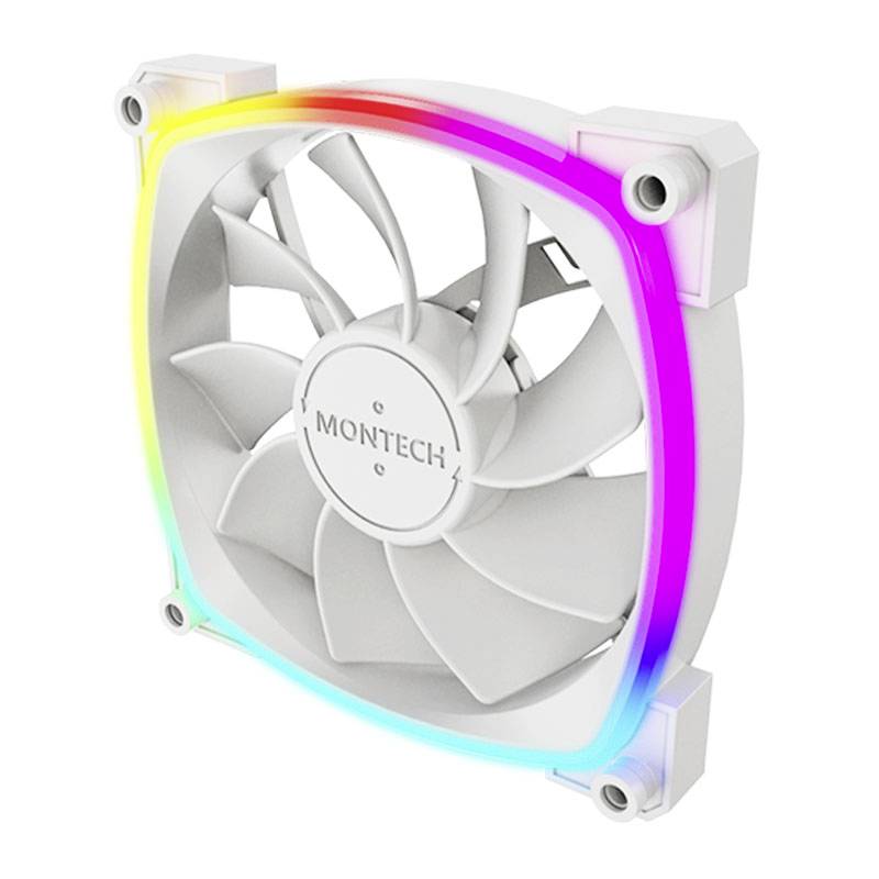 Biely počítačový ventilátor s viacfarebným LED podsvietením na okrajoch. Označenie v strede: 'MONTECH'.