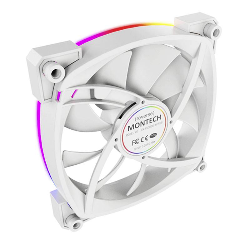Biely počítačový ventilátor od spoločnosti Montech s dúhovo RGB LED podsvietením na stranách, vhodný pre chladenie PC a dekoráciu.