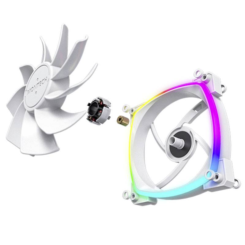 Rozložený počítačový ventilátor s odnímateľnými lopatkami rotora, motorom a rámom s RGB podsvietením.