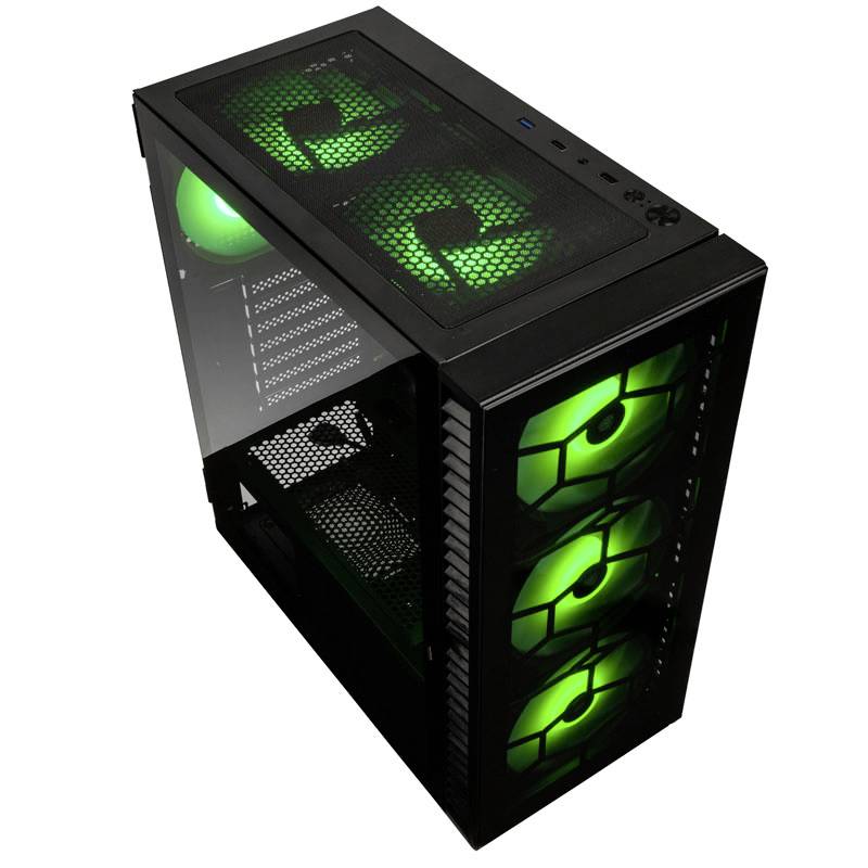 Čierna PC skrinka so štyrmi zelenými LED osvetlenými ventilátormi, priehľadným bočným panelom a vetracou mriežkou na vrchu.