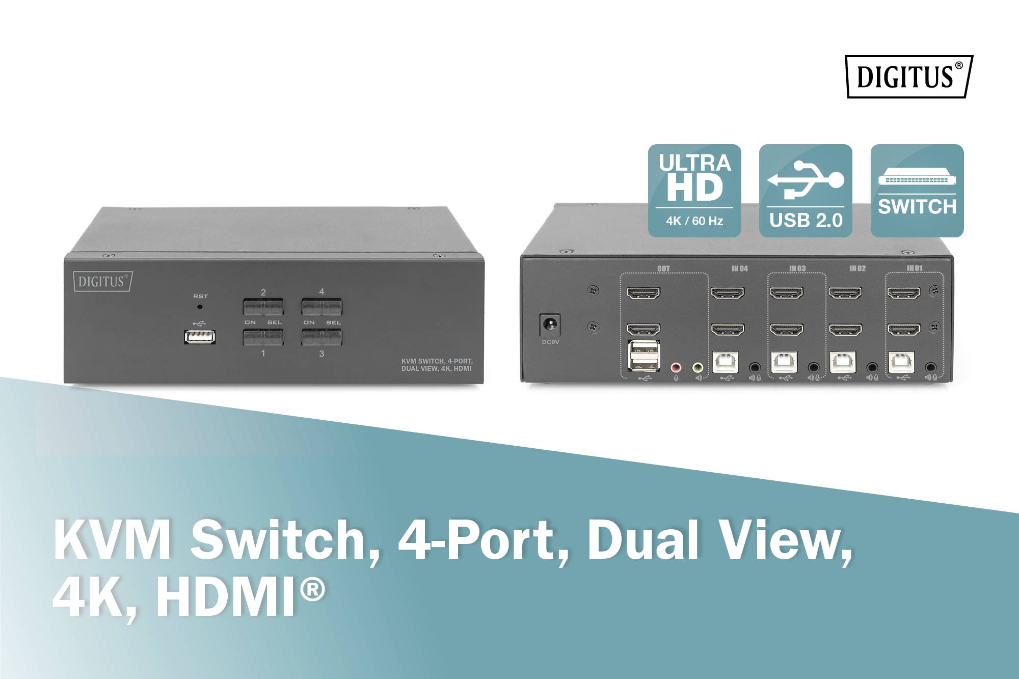 KVM prepínač, 4-portový, Dual View, 4K, HDMI® je zariadenie na správu viacerých počítačov prostredníctvom jednej obrazovky s podporou Ultra HD a USB 2.0.