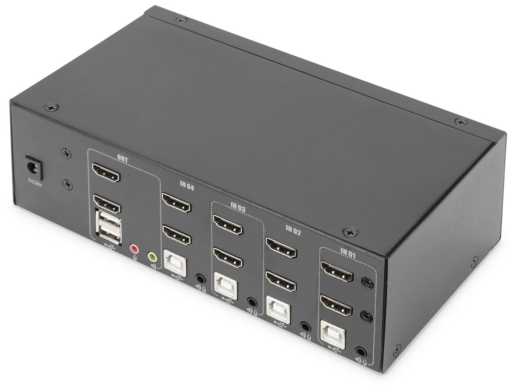 Čierny HDMI splitter so štyrmi vstupmi a siedmimi výstupmi, po stranách dva USB porty, audio vstup a prepínač.