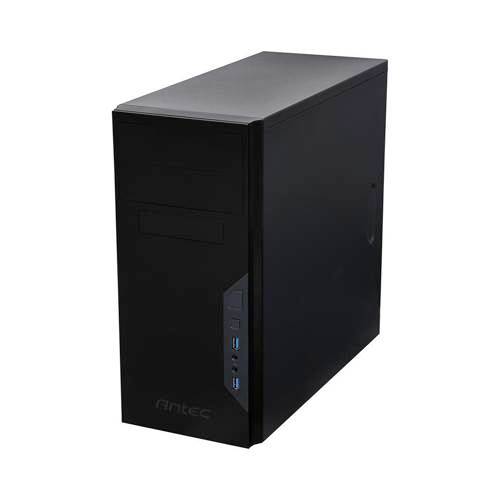 Čierna počítačová skrinka značky Antec s USB portami a audio konektormi na prednej strane. Vhodná pre stolové počítače.