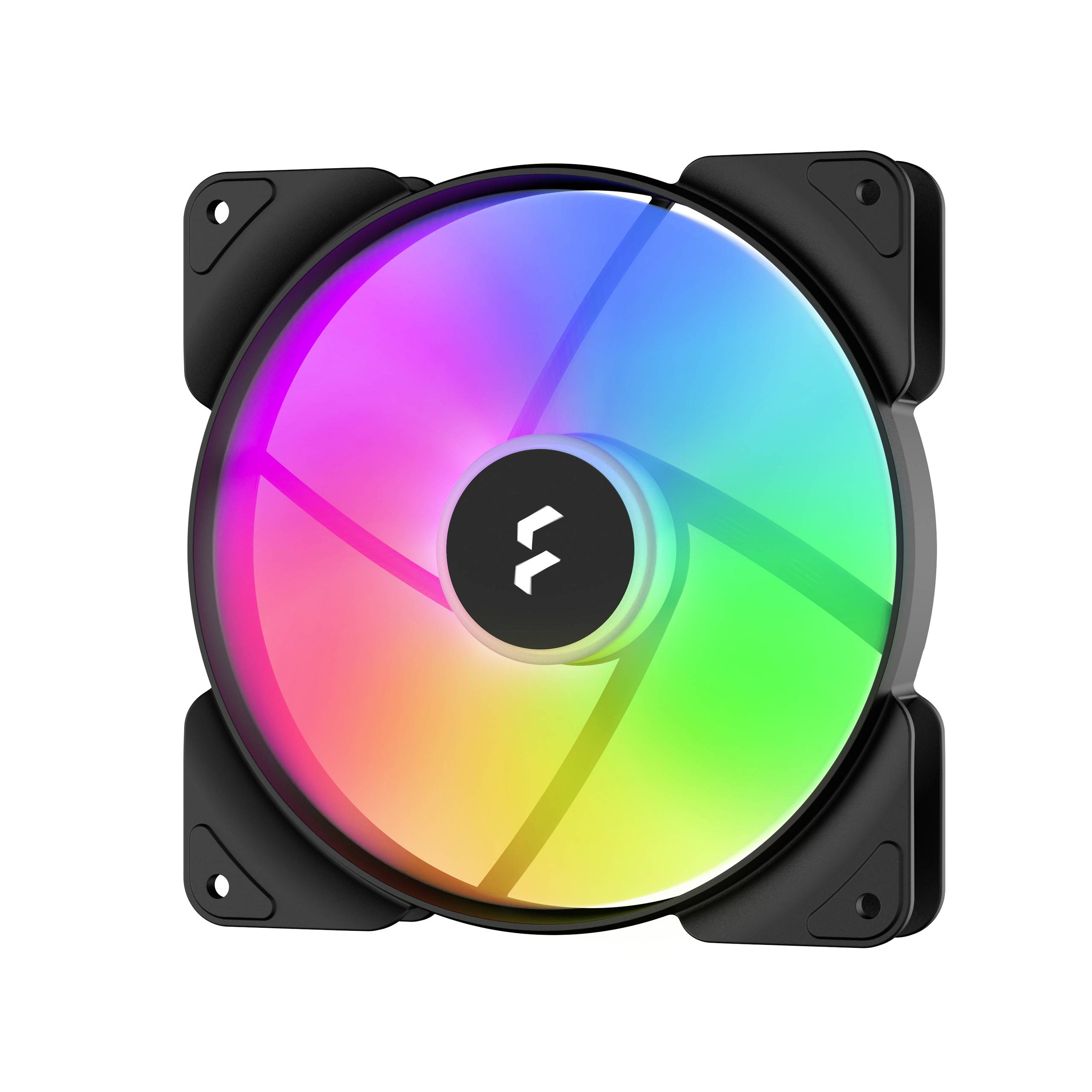 Počítačový ventilátor s RGB podsvietením zobrazuje farebné spektrum od červenej cez modrú po zelenú.
